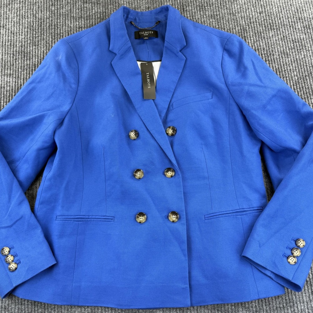 Talbots Petites Blazer Womens 16P Blue Double Breasted Gold Button Lined Jacket